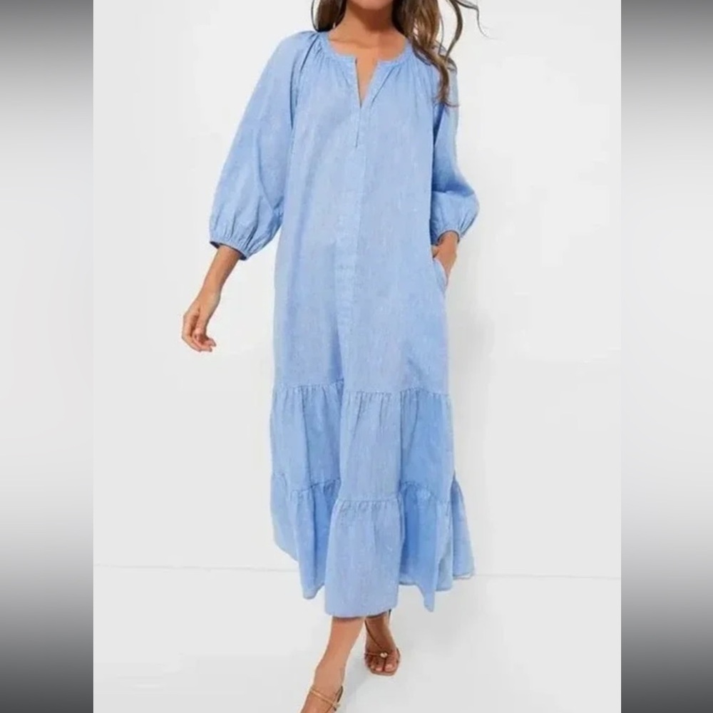 Tuckernuck Lyles Blue Chambray Tiered Maxi Dress - Women's Casual Shirt Dress